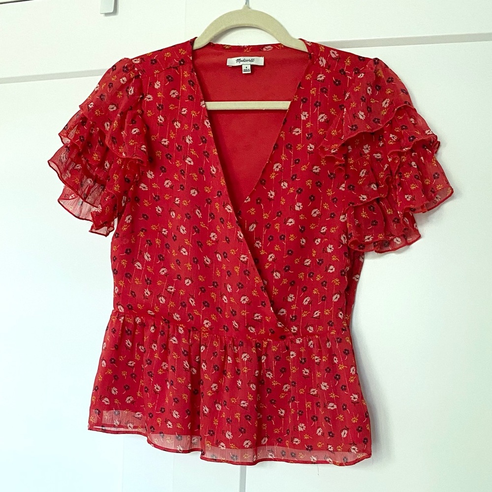Madewell Red Floral Blouse, Size 4